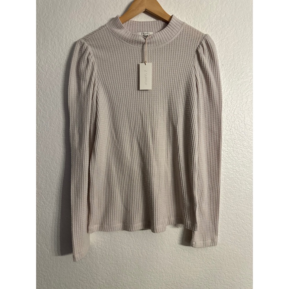 Z Supply Justice Thermal Top Oatmeal Waffle Knit Puff Sleeve Crew Neck Large NWT - Picture 3 of 10